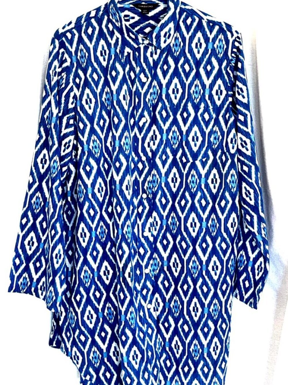 TEAL Lands End Tunic Blouse /Dress, Button Front Collar, Lg Slve, IKAT Print Med
